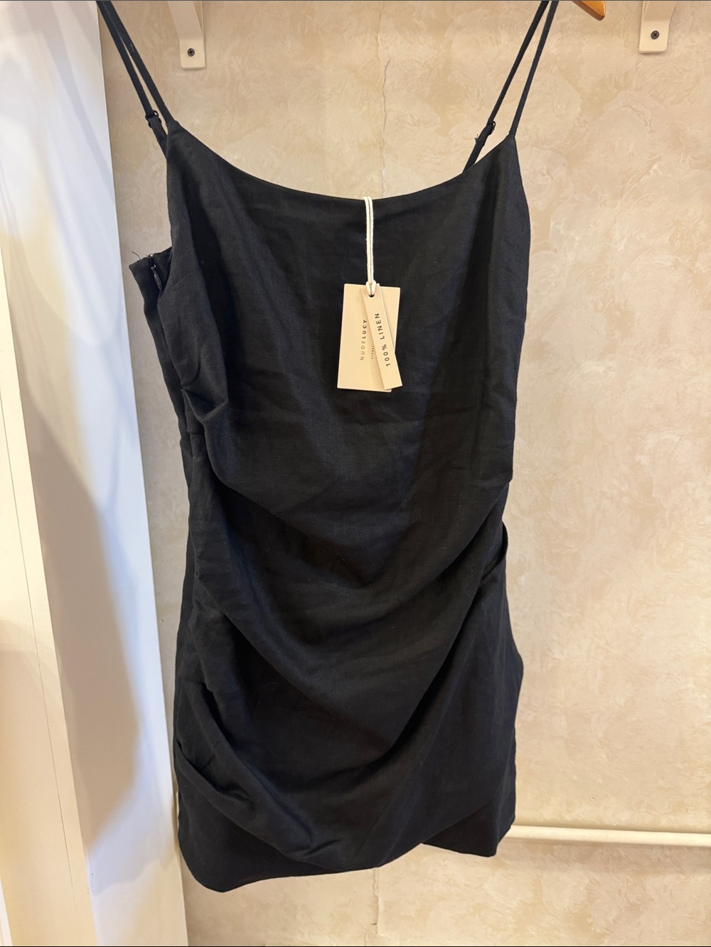 Nude Lucy Black Linen Mini Slip Dress with Cowl Draping
